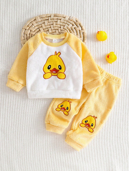 Souflis Souflis 2pcs Toddler Infant Baby Boys Girls Casual Yellow Cartoon Duck Print Soft Thick Plush Fleece Sweatshirt Sweatpants Two Piece Outfit Set Fall Winter