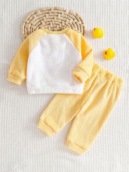 Souflis Souflis 2pcs Toddler Infant Baby Boys Girls Casual Yellow Cartoon Duck Print Soft Thick Plush Fleece Sweatshirt Sweatpants Two Piece Outfit Set Fall Winter