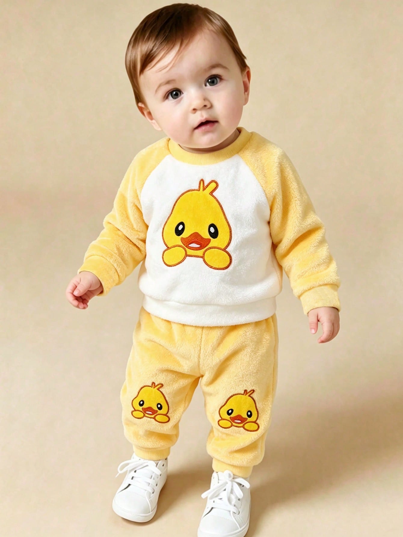 Souflis Souflis 2pcs Toddler Infant Baby Boys Girls Casual Yellow Cartoon Duck Print Soft Thick Plush Fleece Sweatshirt Sweatpants Two Piece Outfit Set Fall Winter