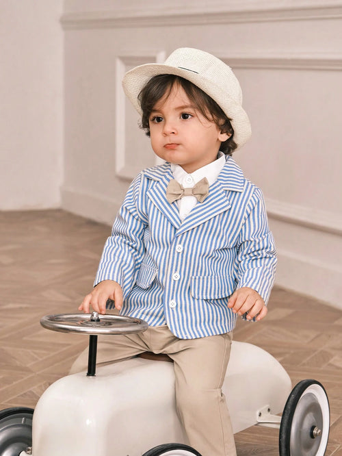 Souflis Souflis 3pcs/Set Baby Boys Blue Striped Suit Jacket,Shirt,Khaki Pants Fall Outfit With Bow Tie,Elegant Gentleman Style For Summer Wedding Guest,Parties,Photos