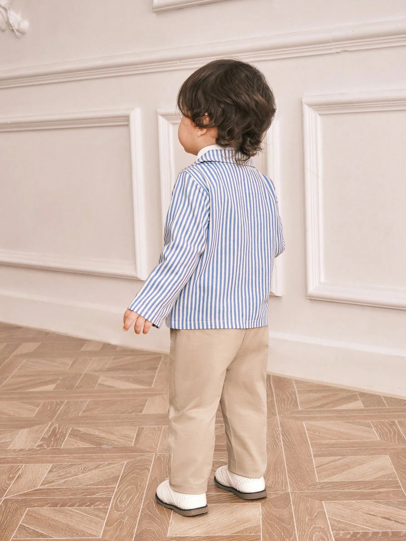 Souflis Souflis 3pcs/Set Baby Boys Blue Striped Suit Jacket,Shirt,Khaki Pants Fall Outfit With Bow Tie,Elegant Gentleman Style For Summer Wedding Guest,Parties,Photos