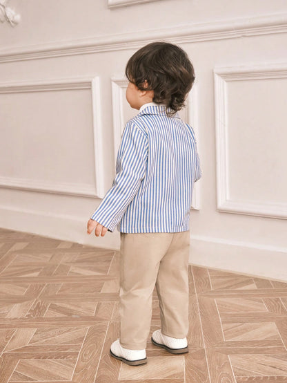 Souflis Souflis 3pcs/Set Baby Boys Blue Striped Suit Jacket,Shirt,Khaki Pants Fall Outfit With Bow Tie,Elegant Gentleman Style For Summer Wedding Guest,Parties,Photos