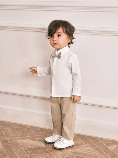 Souflis Souflis 3pcs/Set Baby Boys Blue Striped Suit Jacket,Shirt,Khaki Pants Fall Outfit With Bow Tie,Elegant Gentleman Style For Summer Wedding Guest,Parties,Photos