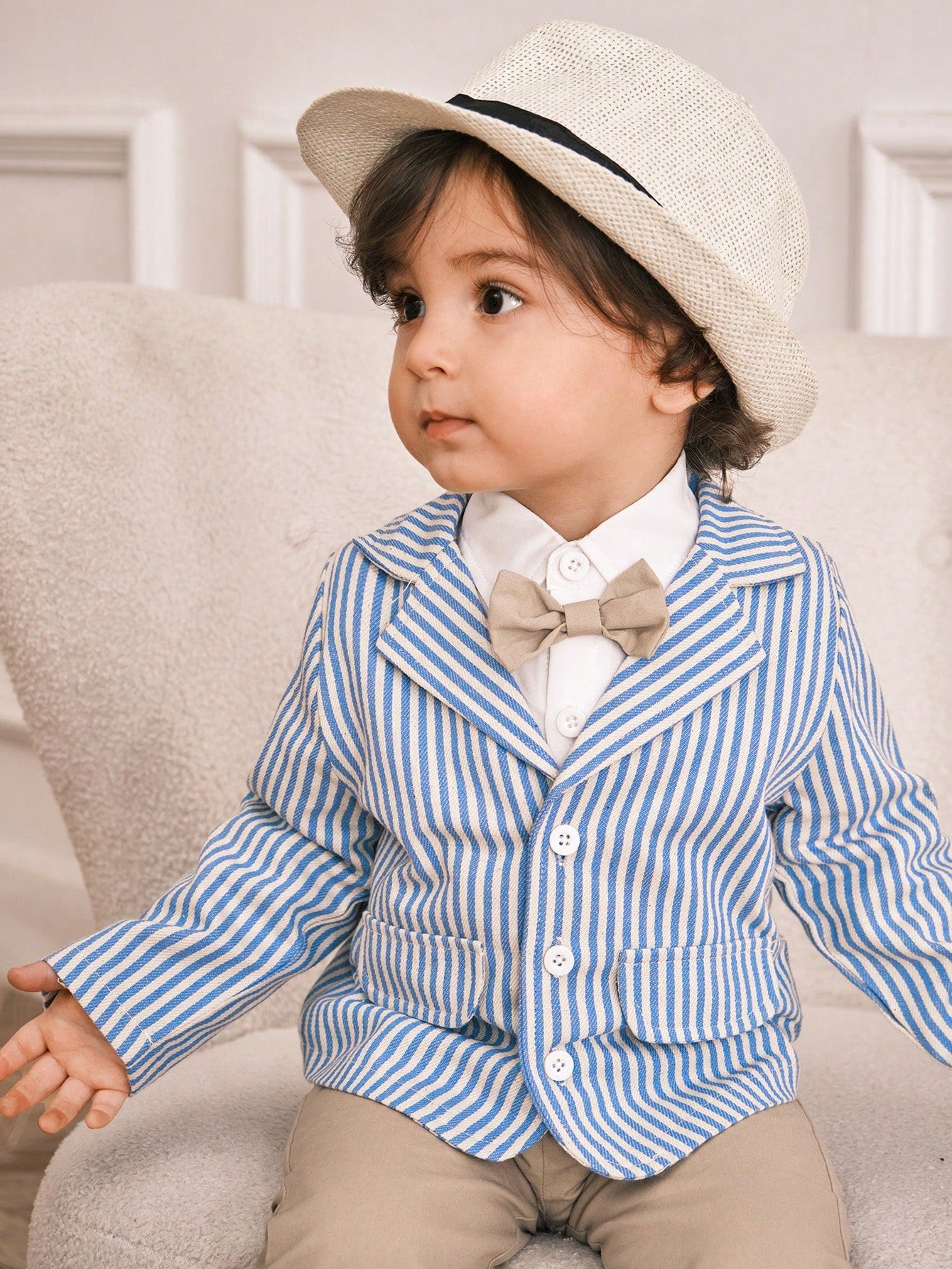 Souflis Souflis 3pcs/Set Baby Boys Blue Striped Suit Jacket,Shirt,Khaki Pants Fall Outfit With Bow Tie,Elegant Gentleman Style For Summer Wedding Guest,Parties,Photos