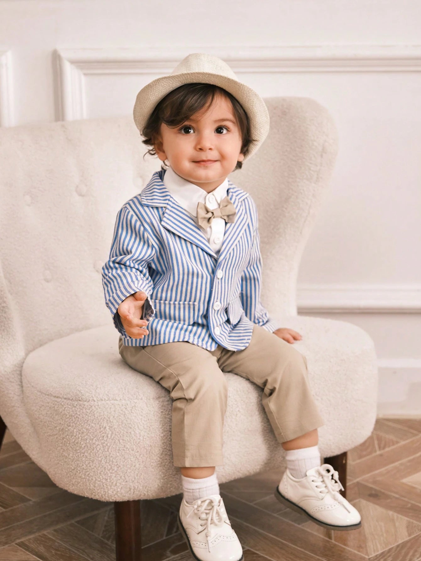 Souflis Souflis 3pcs/Set Baby Boys Blue Striped Suit Jacket,Shirt,Khaki Pants Fall Outfit With Bow Tie,Elegant Gentleman Style For Summer Wedding Guest,Parties,Photos