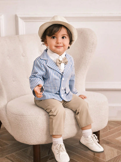 Souflis Souflis 3pcs/Set Baby Boys Blue Striped Suit Jacket,Shirt,Khaki Pants Fall Outfit With Bow Tie,Elegant Gentleman Style For Summer Wedding Guest,Parties,Photos