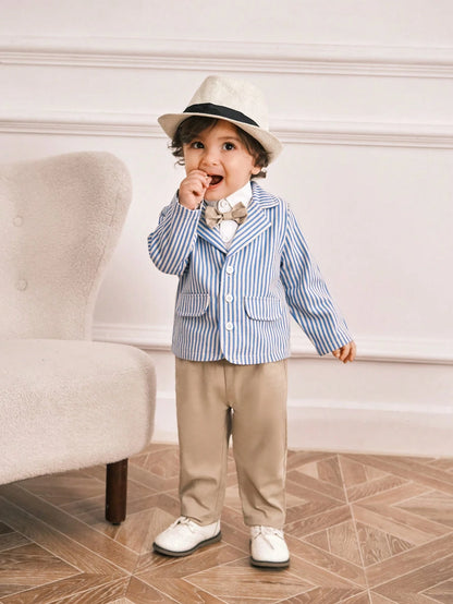 Souflis Souflis 3pcs/Set Baby Boys Blue Striped Suit Jacket,Shirt,Khaki Pants Fall Outfit With Bow Tie,Elegant Gentleman Style For Summer Wedding Guest,Parties,Photos