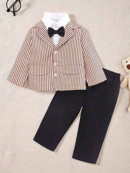 Souflis Souflis 3pcs/Set Baby Boys Blue Striped Suit Jacket,Shirt,Khaki Pants Fall Outfit With Bow Tie,Elegant Gentleman Style For Summer Wedding Guest,Parties,Photos