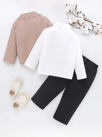 Souflis Souflis 3pcs/Set Baby Boys Blue Striped Suit Jacket,Shirt,Khaki Pants Fall Outfit With Bow Tie,Elegant Gentleman Style For Summer Wedding Guest,Parties,Photos