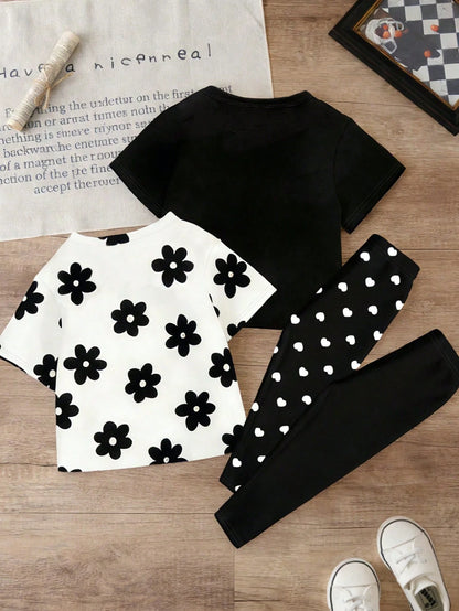 Souflis Souflis 4pcs/Set Girls' Casual Chic Black And White Cute Minimalist Heart,Floral,Letter Print Short T-Shirt And Leggings Outfit,Summer,Vacation Daily Wear