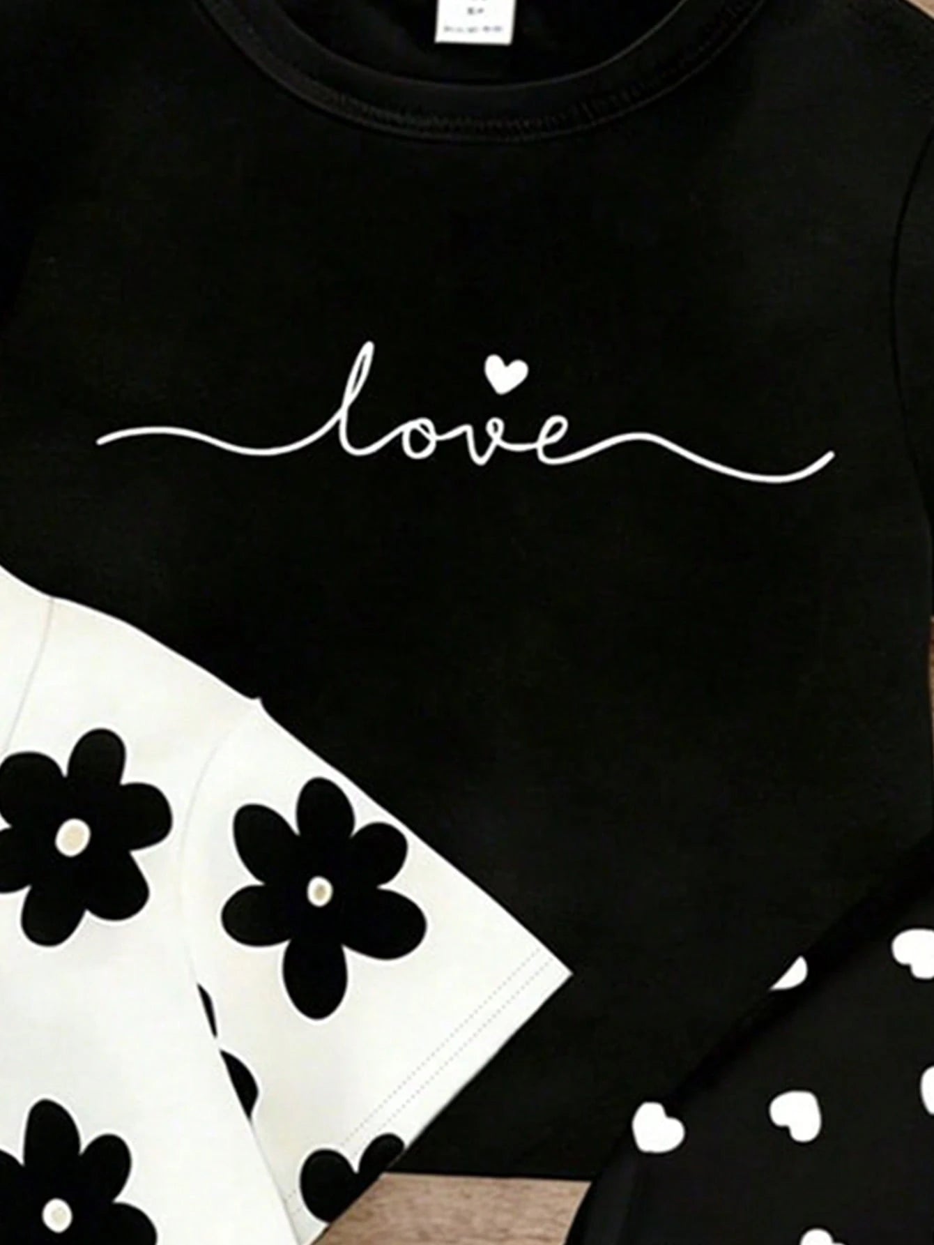 Souflis Souflis 4pcs/Set Girls' Casual Chic Black And White Cute Minimalist Heart,Floral,Letter Print Short T-Shirt And Leggings Outfit,Summer,Vacation Daily Wear