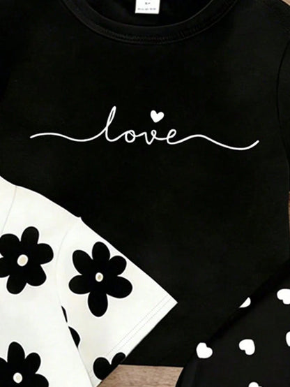 Souflis Souflis 4pcs/Set Girls' Casual Chic Black And White Cute Minimalist Heart,Floral,Letter Print Short T-Shirt And Leggings Outfit,Summer,Vacation Daily Wear