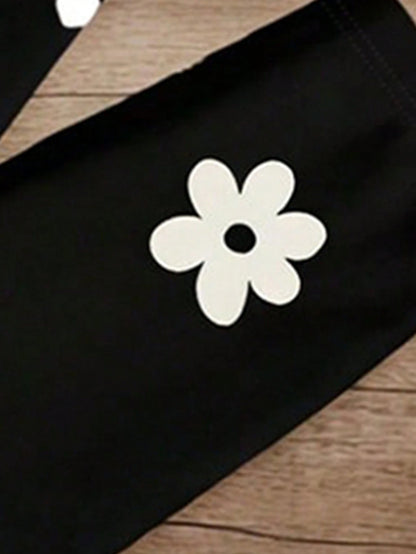 Souflis Souflis 4pcs/Set Girls' Casual Chic Black And White Cute Minimalist Heart,Floral,Letter Print Short T-Shirt And Leggings Outfit,Summer,Vacation Daily Wear