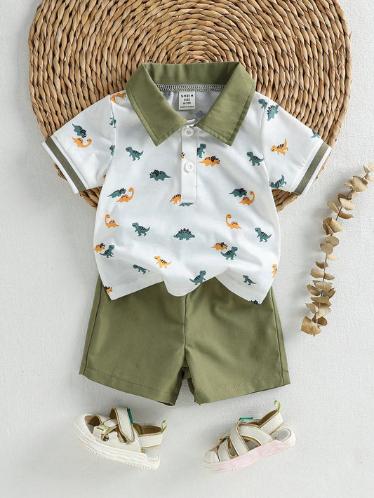Souflis Souflis Baby Boy Dinosaur Print Color Block Short Sleeve Top And Shorts Casual Daily Outfit
