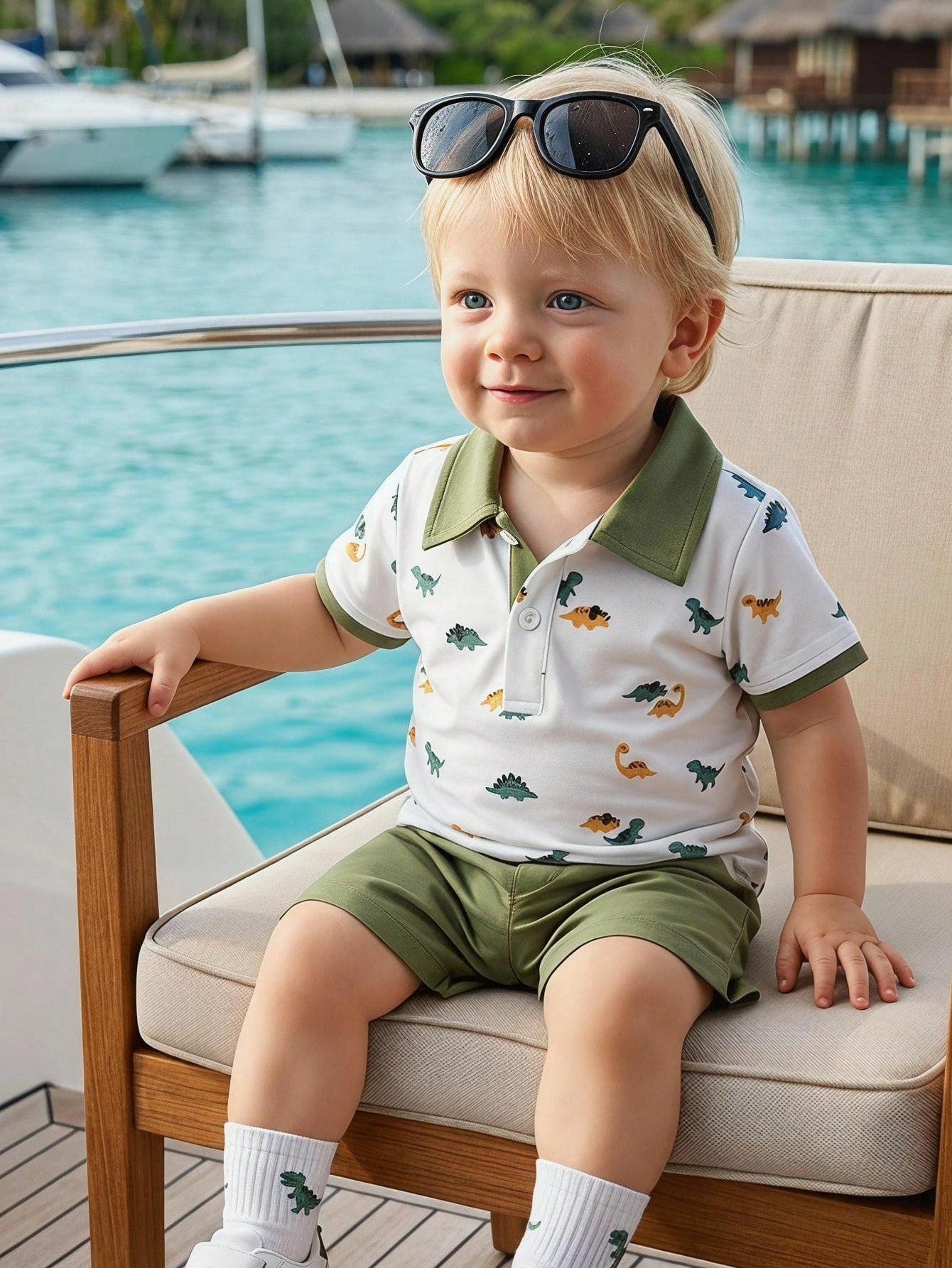 Souflis Souflis Baby Boy Dinosaur Print Color Block Short Sleeve Top And Shorts Casual Daily Outfit