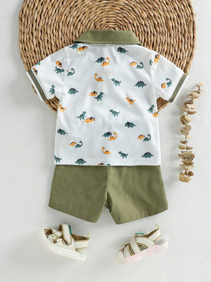Souflis Souflis Baby Boy Dinosaur Print Color Block Short Sleeve Top And Shorts Casual Daily Outfit