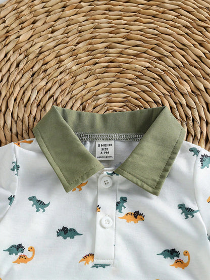 Souflis Souflis Baby Boy Dinosaur Print Color Block Short Sleeve Top And Shorts Casual Daily Outfit