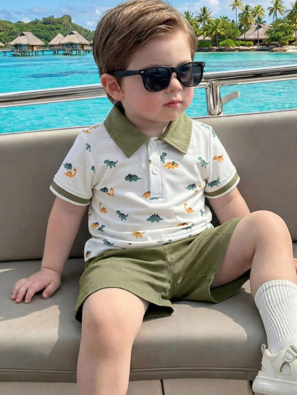 Souflis Souflis Baby Boy Dinosaur Print Color Block Short Sleeve Top And Shorts Casual Daily Outfit