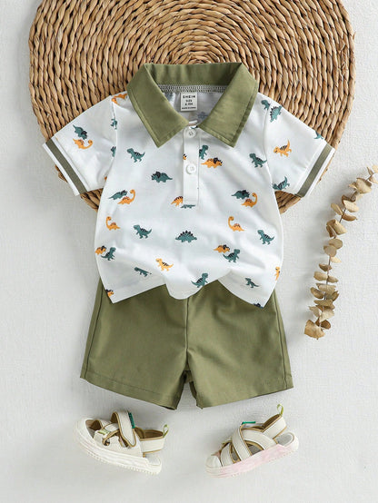 Souflis Souflis Baby Boy Dinosaur Print Color Block Short Sleeve Top And Shorts Casual Daily Outfit