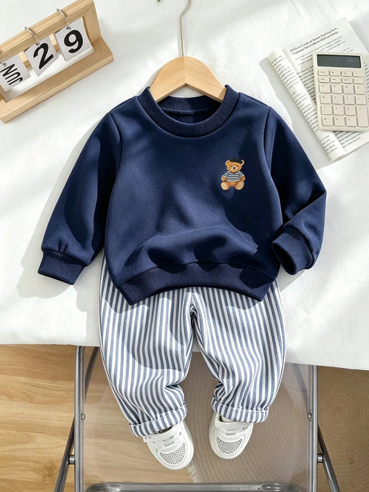 Souflis Souflis French Style New Baby Boys 0-3 Years 2-Piece Navy Blue Sweatshirt Set, Round Neck Sweatshirt With Bear Pattern Paired With Striped Long Pants, Suitable For Outings, School And Multiple