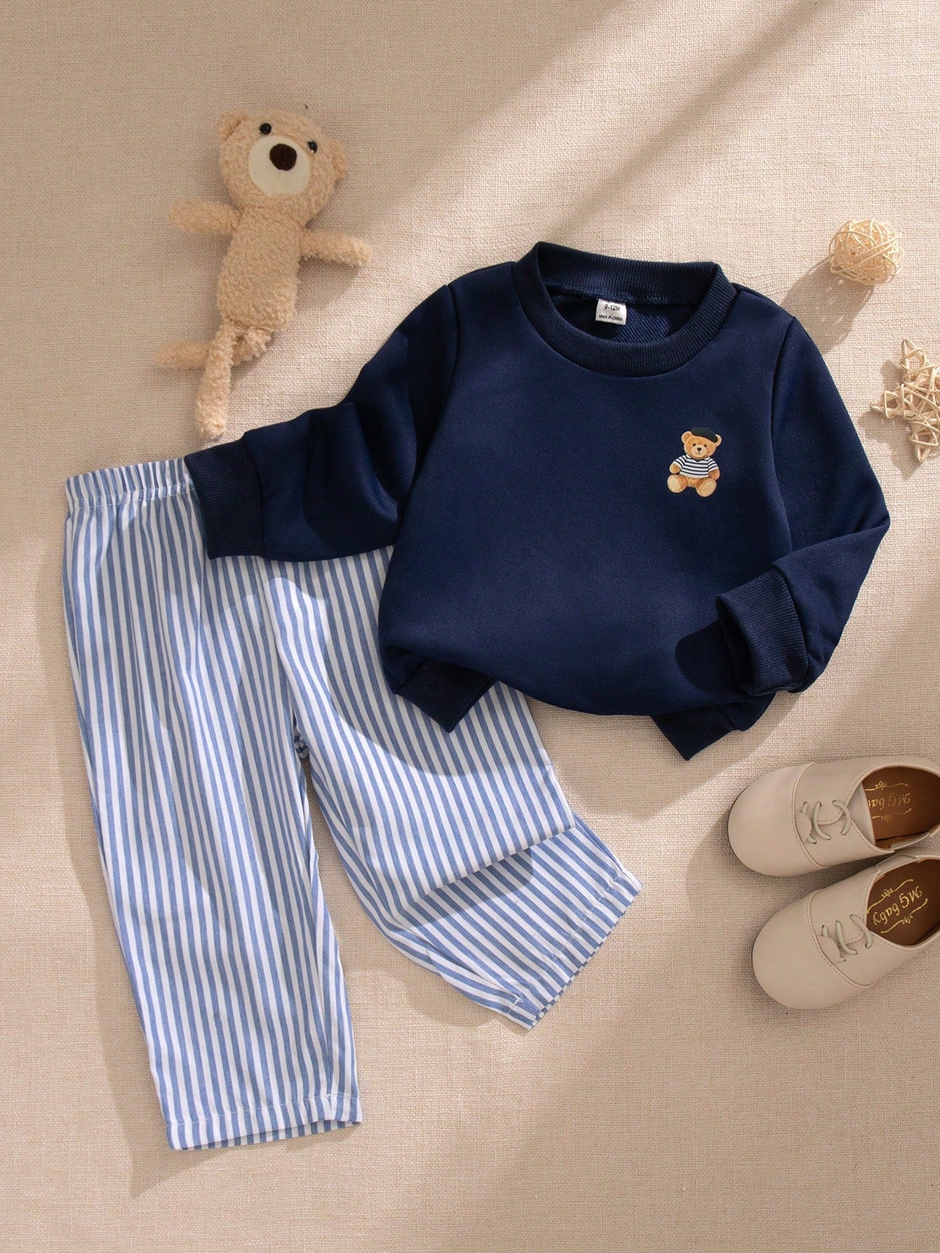 Souflis Souflis French Style New Baby Boys 0-3 Years 2-Piece Navy Blue Sweatshirt Set, Round Neck Sweatshirt With Bear Pattern Paired With Striped Long Pants, Suitable For Outings, School And Multiple