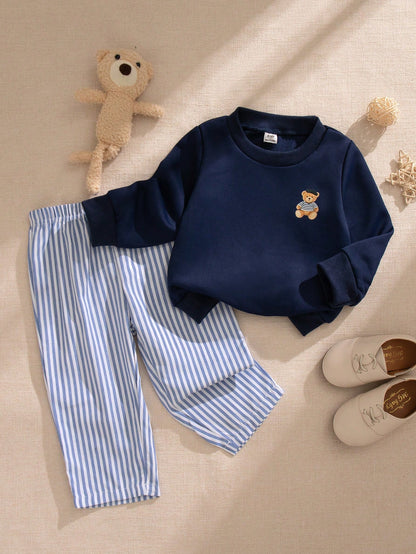 Souflis Souflis French Style New Baby Boys 0-3 Years 2-Piece Navy Blue Sweatshirt Set, Round Neck Sweatshirt With Bear Pattern Paired With Striped Long Pants, Suitable For Outings, School And Multiple