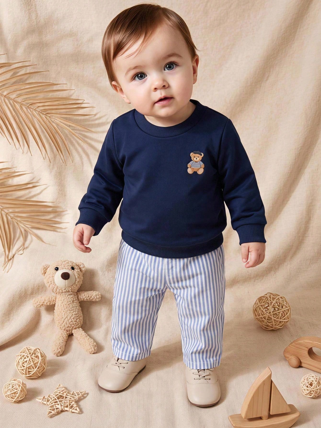 Souflis Souflis French Style New Baby Boys 0-3 Years 2-Piece Navy Blue Sweatshirt Set, Round Neck Sweatshirt With Bear Pattern Paired With Striped Long Pants, Suitable For Outings, School And Multiple