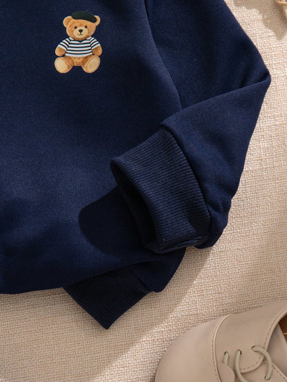Souflis Souflis French Style New Baby Boys 0-3 Years 2-Piece Navy Blue Sweatshirt Set, Round Neck Sweatshirt With Bear Pattern Paired With Striped Long Pants, Suitable For Outings, School And Multiple