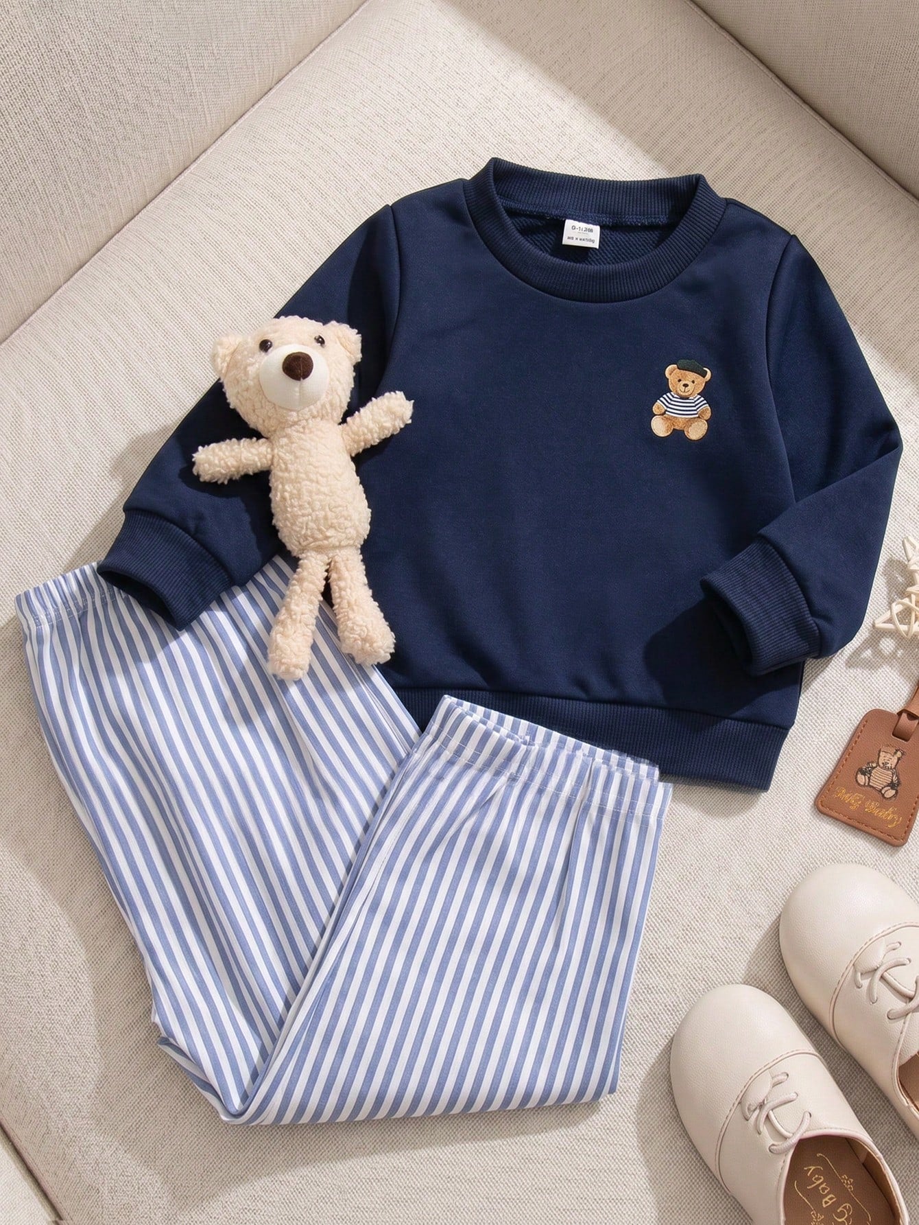 Souflis Souflis French Style New Baby Boys 0-3 Years 2-Piece Navy Blue Sweatshirt Set, Round Neck Sweatshirt With Bear Pattern Paired With Striped Long Pants, Suitable For Outings, School And Multiple