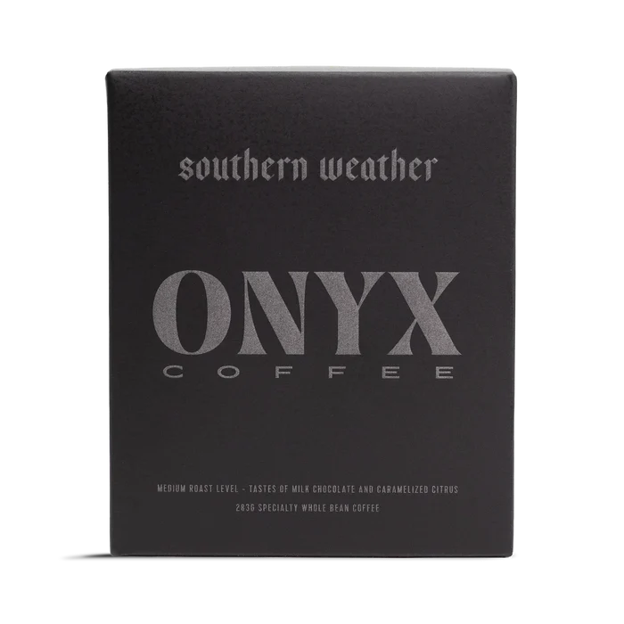 Dark grey Southern Weather box with Onyx Coffee branding and a large ONYX COFFEE logo