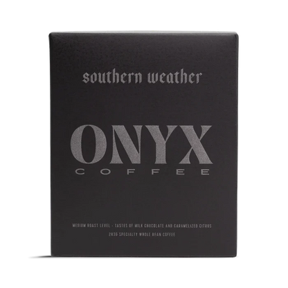 Dark grey Southern Weather box with Onyx Coffee branding and a large ONYX COFFEE logo