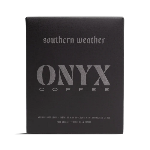 Dark grey Southern Weather box with Onyx Coffee branding and a large ONYX COFFEE logo