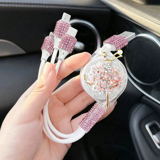 Sparkling Rhinestone Car Charger, Diamond 3-In-1 Retractable Charging Cable, USB Fast Charging Cable, Cute Women's Style, Suitable For IPhone, Dash Cam, GPS, Holiday/Birthday Gift Choice