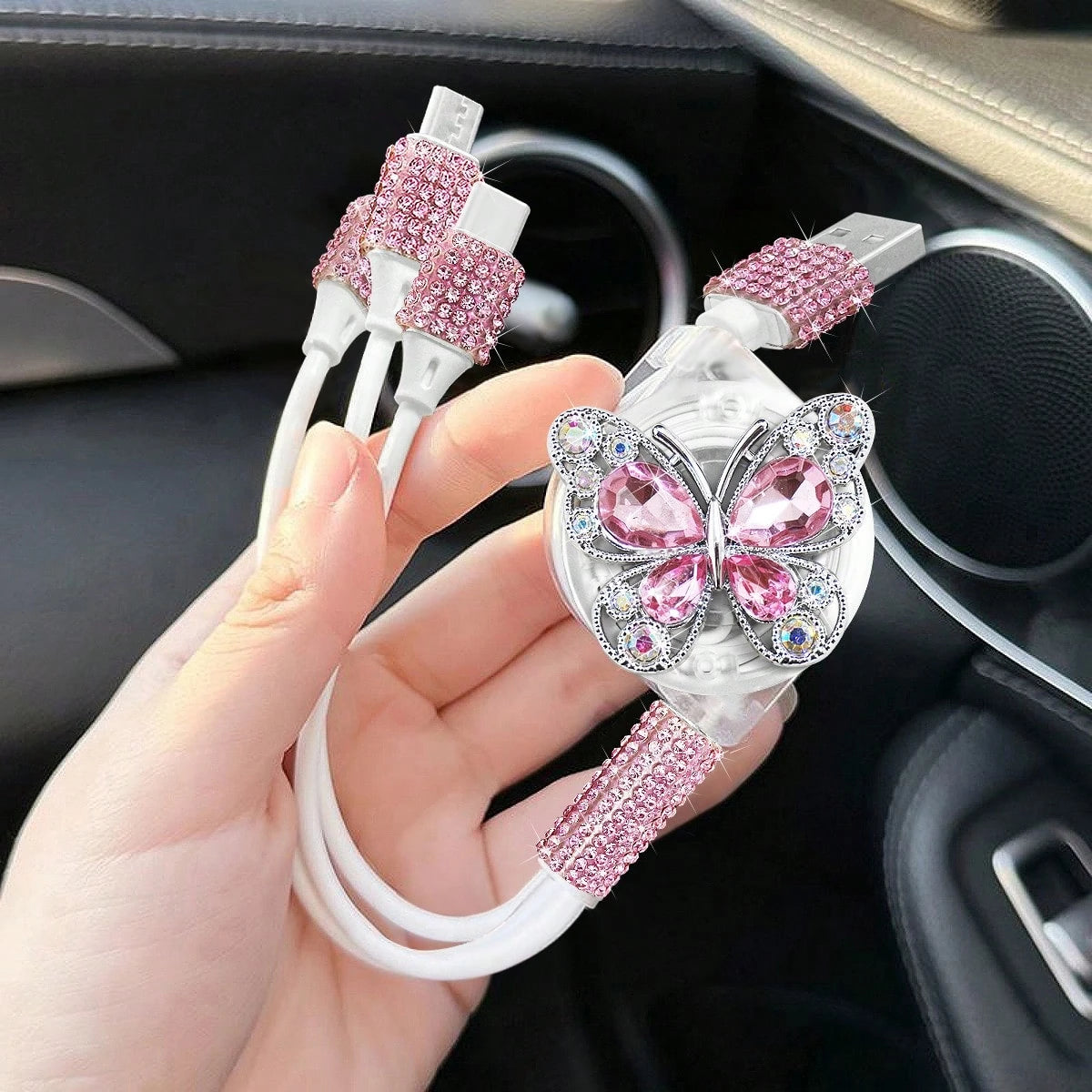 Sparkling Rhinestone Car Charger, Diamond 3-In-1 Retractable Charging Cable, USB Fast Charging Cable, Cute Women's Style, Suitable For IPhone, Dash Cam, GPS, Holiday/Birthday Gift Choice