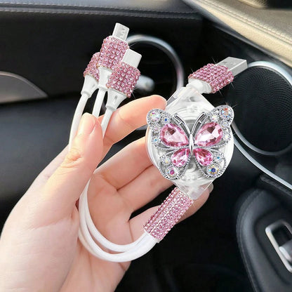 Sparkling Rhinestone Car Charger, Diamond 3-In-1 Retractable Charging Cable, USB Fast Charging Cable, Cute Women's Style, Suitable For IPhone, Dash Cam, GPS, Holiday/Birthday Gift Choice