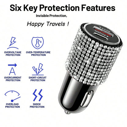 Sparkling Rhinestone Car Charger, Diamond 3-In-1 Retractable Charging Cable, USB Fast Charging Cable, Cute Women's Style, Suitable For IPhone, Dash Cam, GPS, Holiday/Birthday Gift Choice
