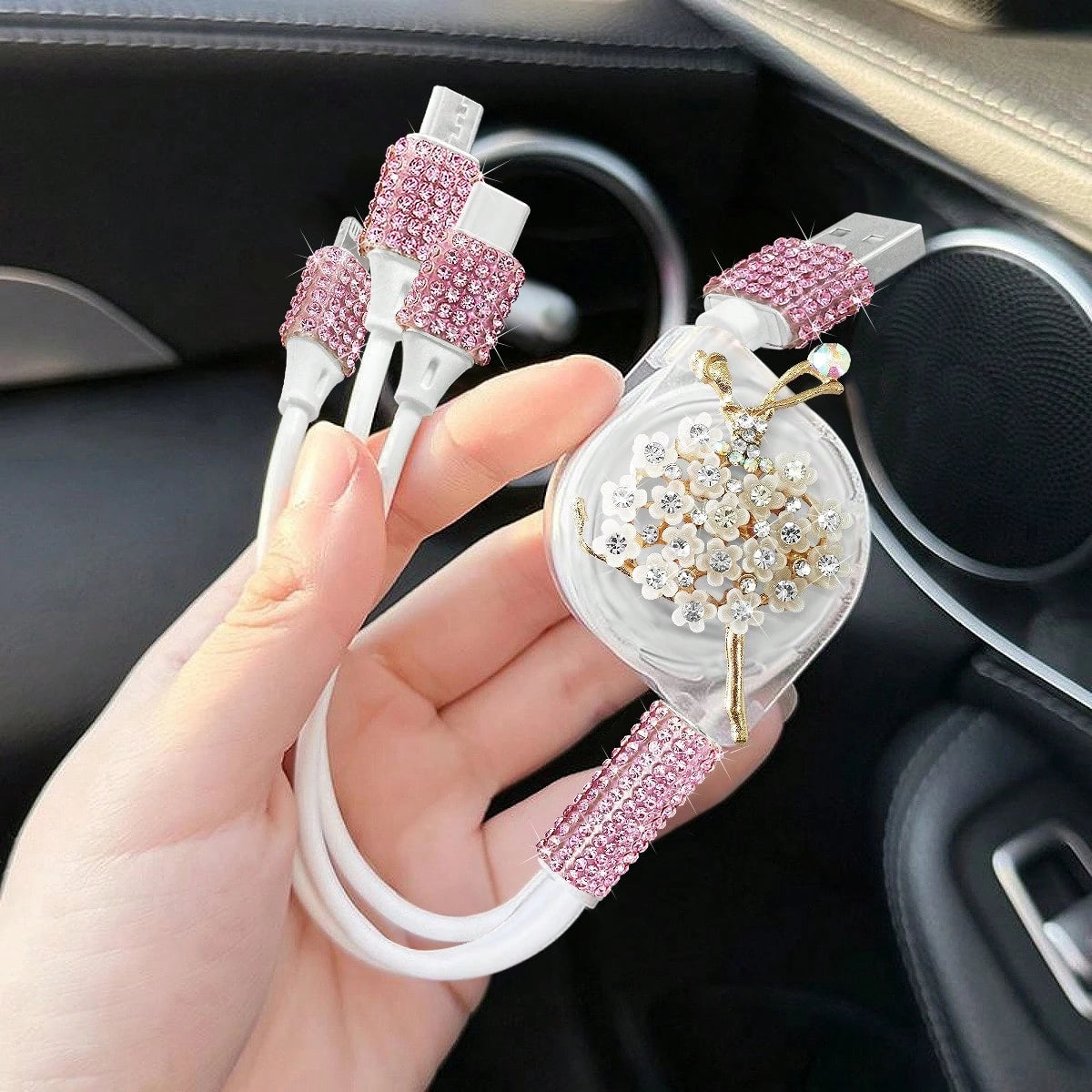 Sparkling Rhinestone Car Charger, Diamond 3-In-1 Retractable Charging Cable, USB Fast Charging Cable, Cute Women's Style, Suitable For IPhone, Dash Cam, GPS, Holiday/Birthday Gift Choice