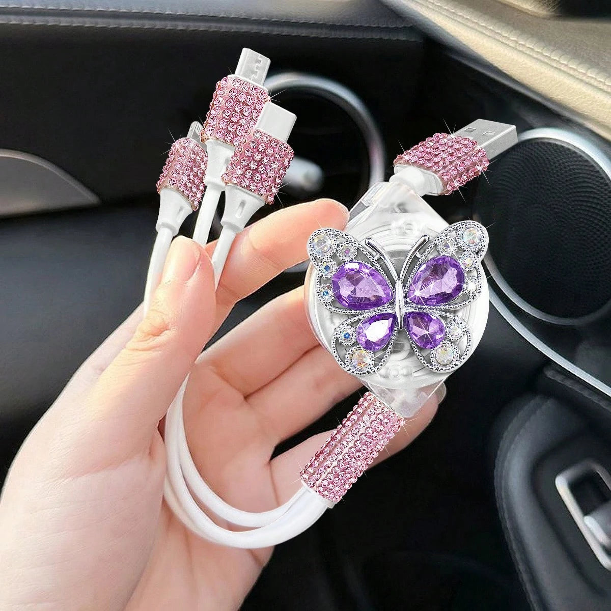 Sparkling Rhinestone Car Charger, Diamond 3-In-1 Retractable Charging Cable, USB Fast Charging Cable, Cute Women's Style, Suitable For IPhone, Dash Cam, GPS, Holiday/Birthday Gift Choice