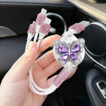 Sparkling Rhinestone Car Charger, Diamond 3-In-1 Retractable Charging Cable, USB Fast Charging Cable, Cute Women's Style, Suitable For IPhone, Dash Cam, GPS, Holiday/Birthday Gift Choice