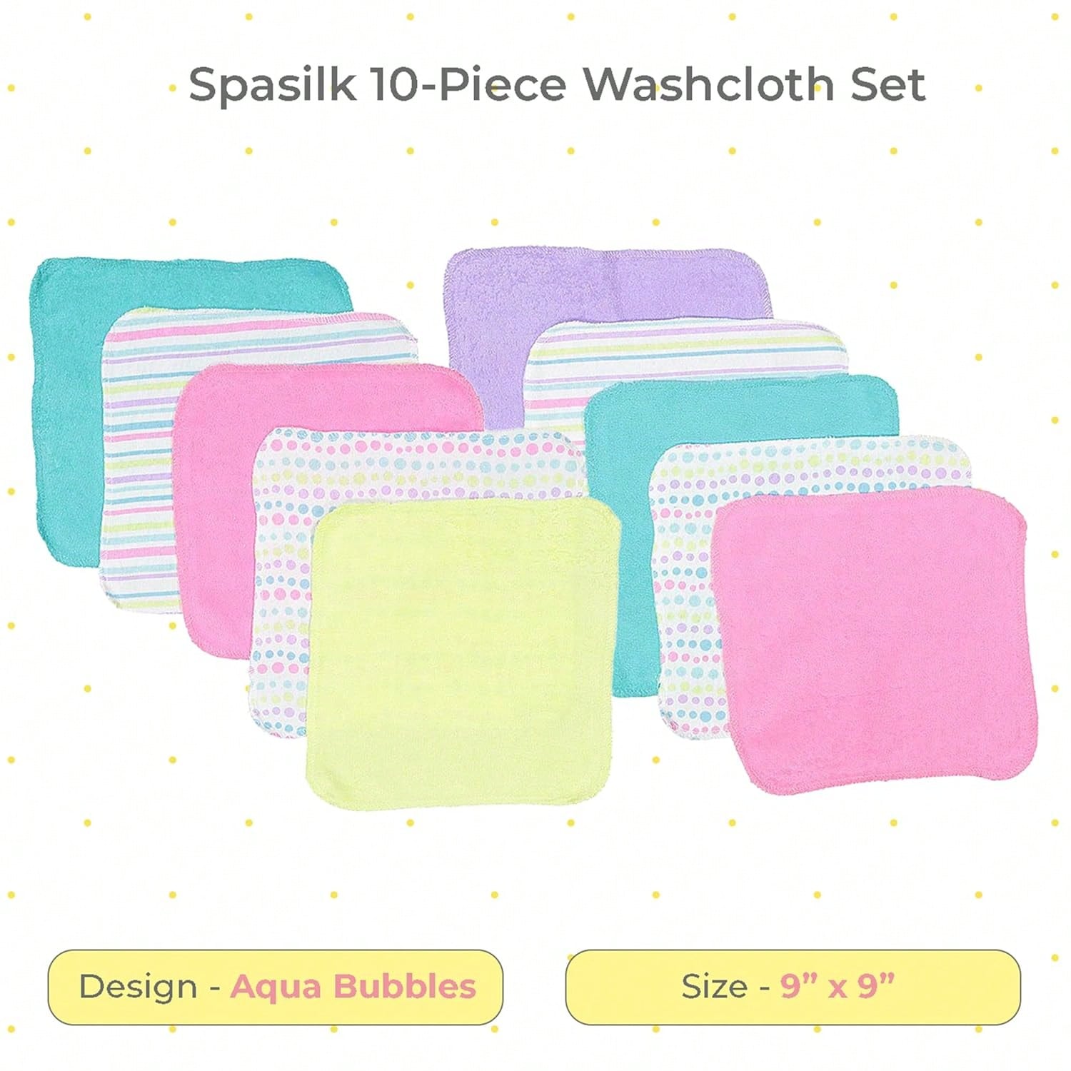 Spasilk Washcloth Wipes Set For Newborn Boys And Girls, Soft Terry Washcloth Set, Pack Of 10, Aqua Bubbles, (010-1201)