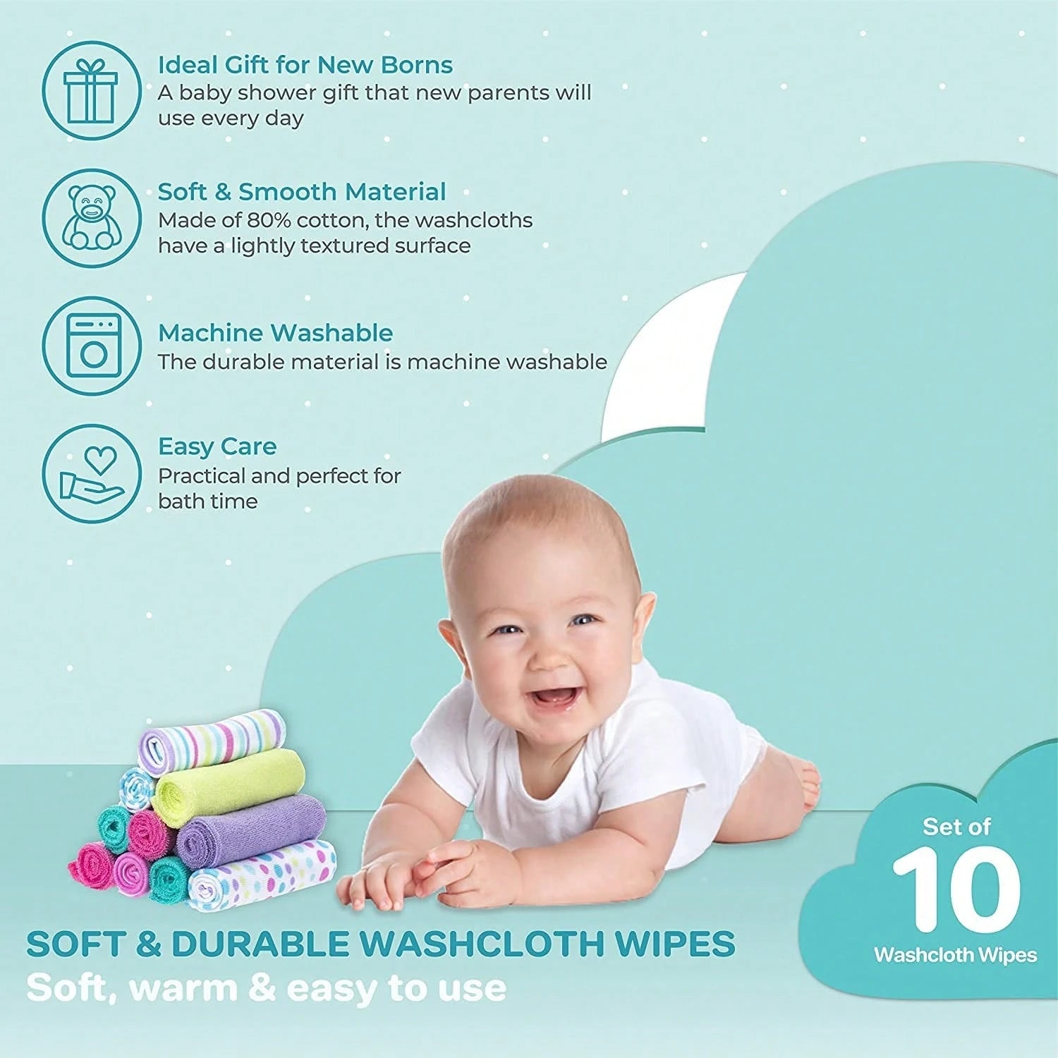 Spasilk Washcloth Wipes Set For Newborn Boys And Girls, Soft Terry Washcloth Set, Pack Of 10, Aqua Bubbles, (010-1201)