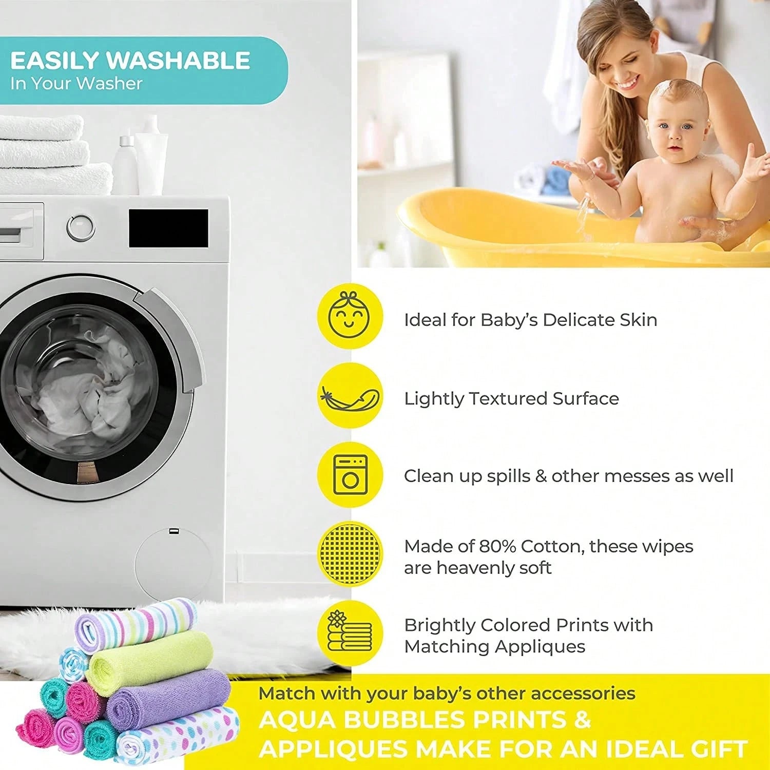 Spasilk Washcloth Wipes Set For Newborn Boys And Girls, Soft Terry Washcloth Set, Pack Of 10, Aqua Bubbles, (010-1201)
