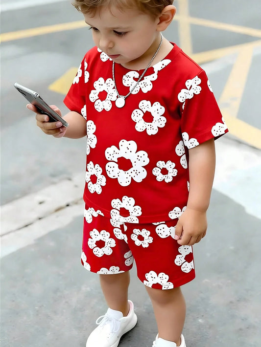 Spring Summer Baby Boys' Casual Cute Creative Fresh Red Flower Pattern Print T-Shirt And Shorts Set, Comfortable Daily Holiday Evening Outfit