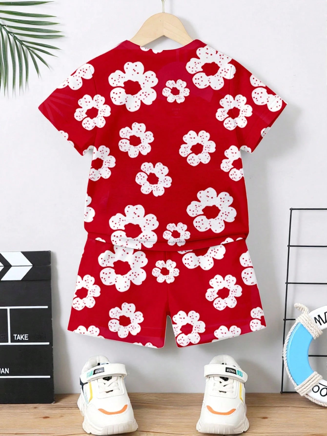 Spring Summer Baby Boys' Casual Cute Creative Fresh Red Flower Pattern Print T-Shirt And Shorts Set, Comfortable Daily Holiday Evening Outfit