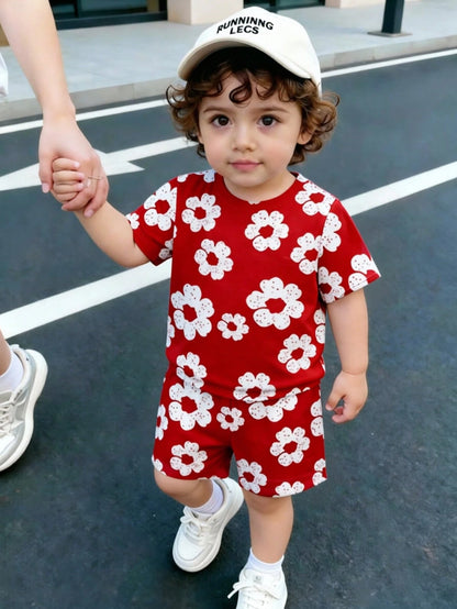 Spring Summer Baby Boys' Casual Cute Creative Fresh Red Flower Pattern Print T-Shirt And Shorts Set, Comfortable Daily Holiday Evening Outfit