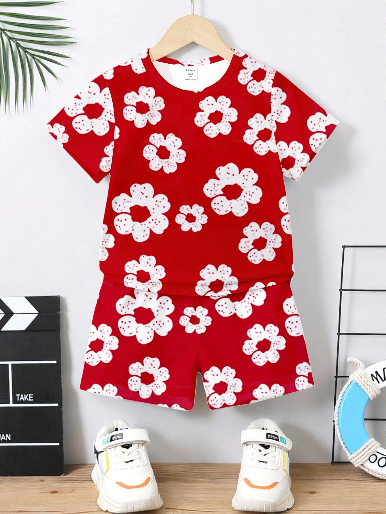 Spring Summer Baby Boys' Casual Cute Creative Fresh Red Flower Pattern Print T-Shirt And Shorts Set, Comfortable Daily Holiday Evening Outfit