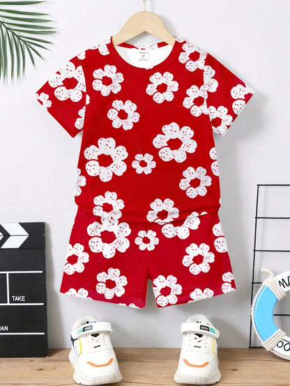 Spring Summer Baby Boys' Casual Cute Creative Fresh Red Flower Pattern Print T-Shirt And Shorts Set, Comfortable Daily Holiday Evening Outfit