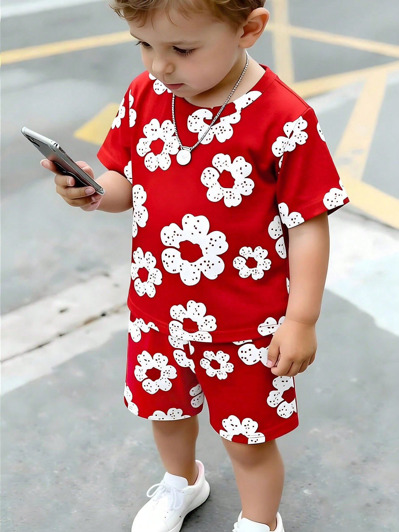 Spring Summer Baby Boys' Casual Cute Creative Fresh Red Flower Pattern Print T-Shirt And Shorts Set, Comfortable Daily Holiday Evening Outfit
