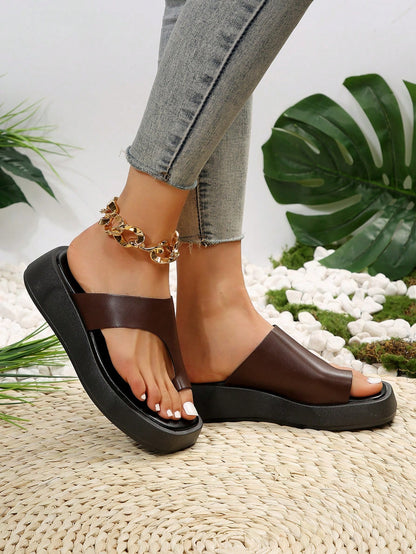 Spring/Summer New Fashion Women's Wedge Heel Thick Sole Sandals, Casual Vacation Style, Suitable For Shopping, Travel, Leisure, Slip-On Thong Beach Shoes, Daily Wear Women's Slippers