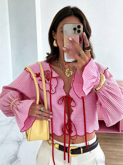 Spring/Summer Tie Collar Ruffle Flare Sleeve Blouse, Sweet Elegant Lady Shirt For School, Party, Wedding, Beach, Vacation, Pink